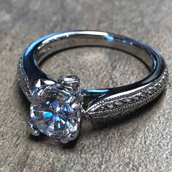 14K White Gold Hand Engraved Solitaire Engagement Ring